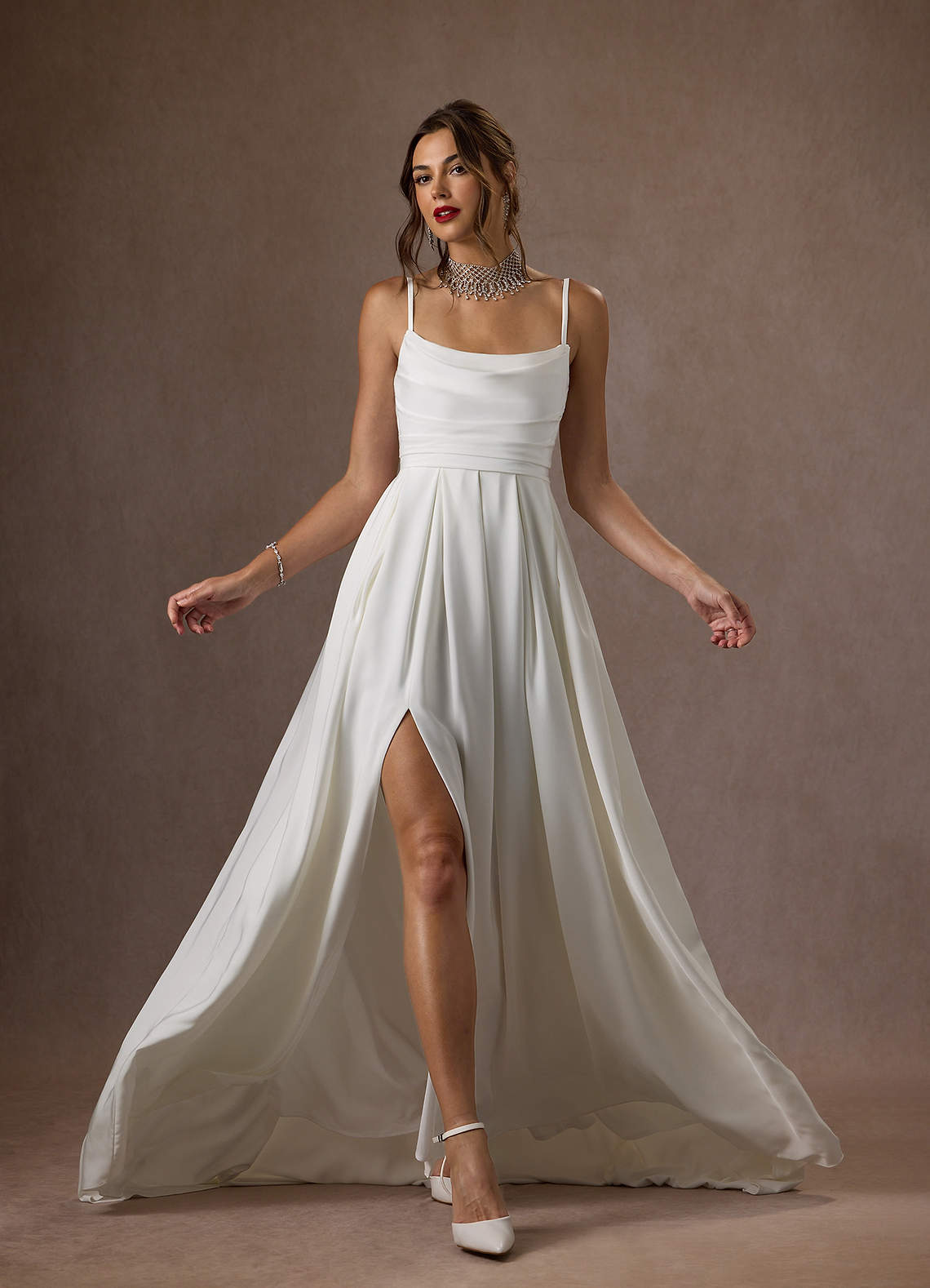 Diamond White A-Line Scoop Pleated Crepe Back Satin Dress