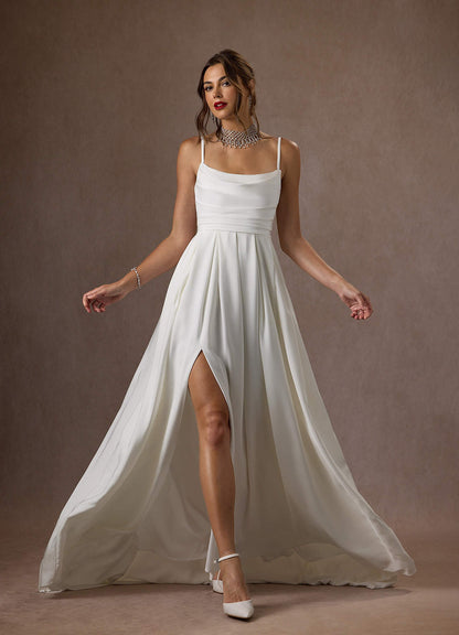 Diamond White A-Line Scoop Pleated Crepe Back Satin Dress