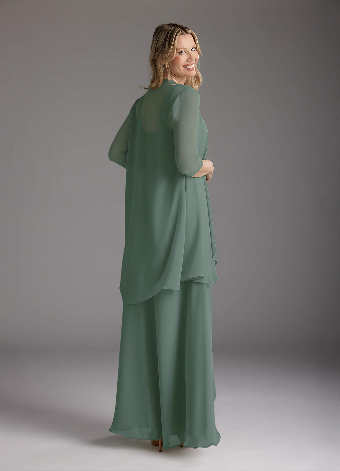 Eucalyptus A-Line Square Neckline Pleated Chiffon Dress