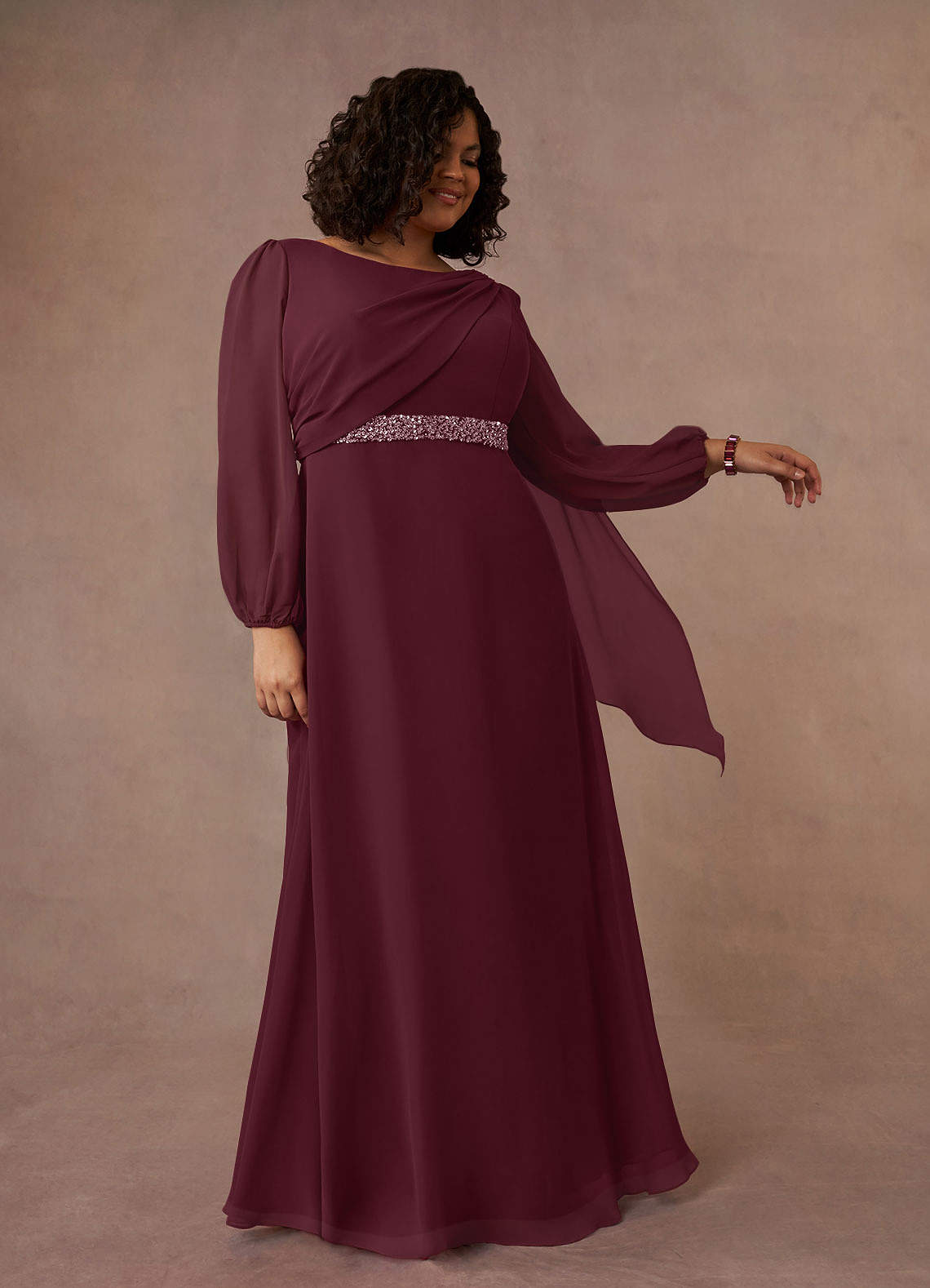 Cabernet A-Line Boatneck Pleated Chiffon Dress