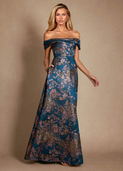 Teal Floral A-Line Off the Shoulder Jacquard Dress