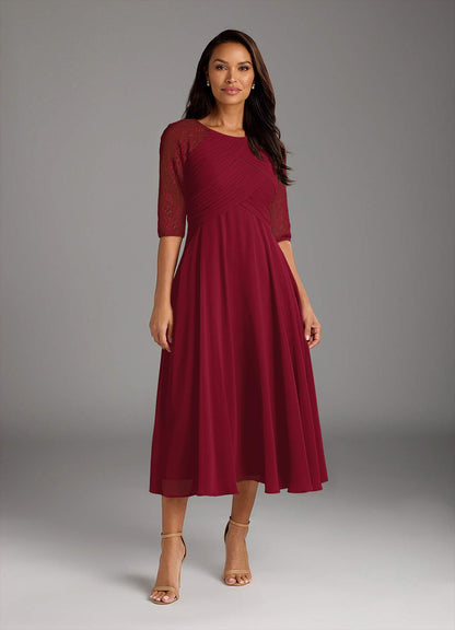 Burgundy A-Line Scoop lace Chiffon Dress