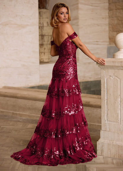 Jenna Red Ruffled Glitter Mermaid Prom Dress  Dress