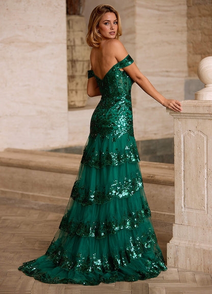 Jenna Green Ruffled Glitter Mermaid Prom Dress