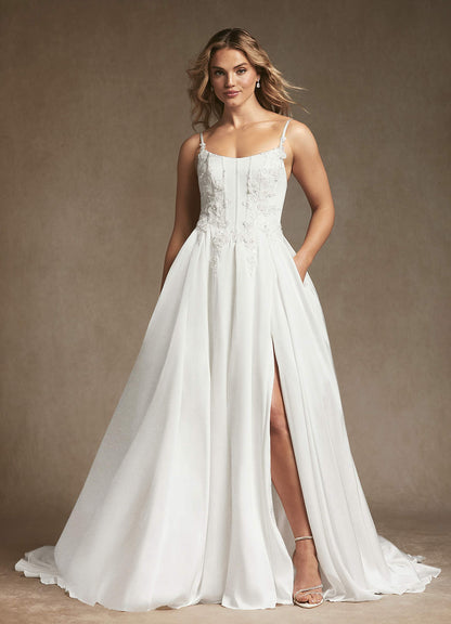 Diamond White A-Line Lace Stretch Satin Dress