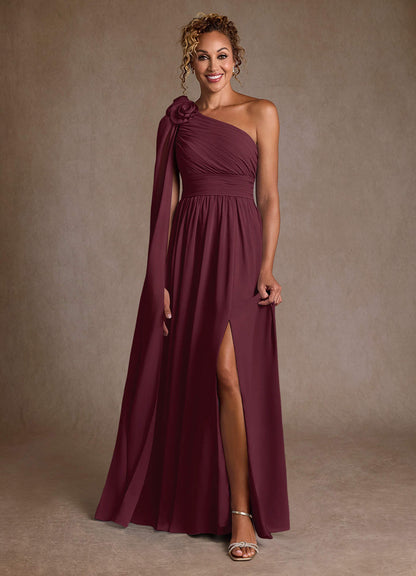 Cabernet A-Line One Shoulder Chiffon Dress