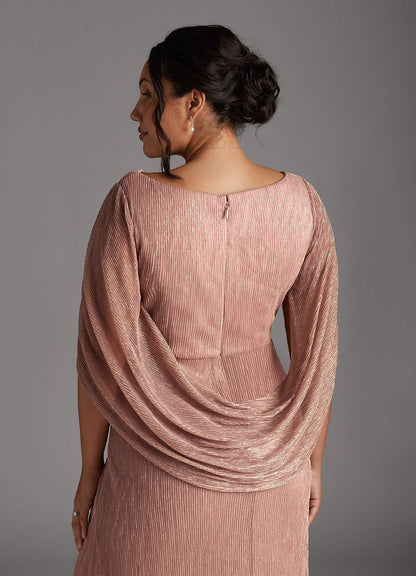 Rose Gold Sheath Pleated Cape Metallic Mesh Dress