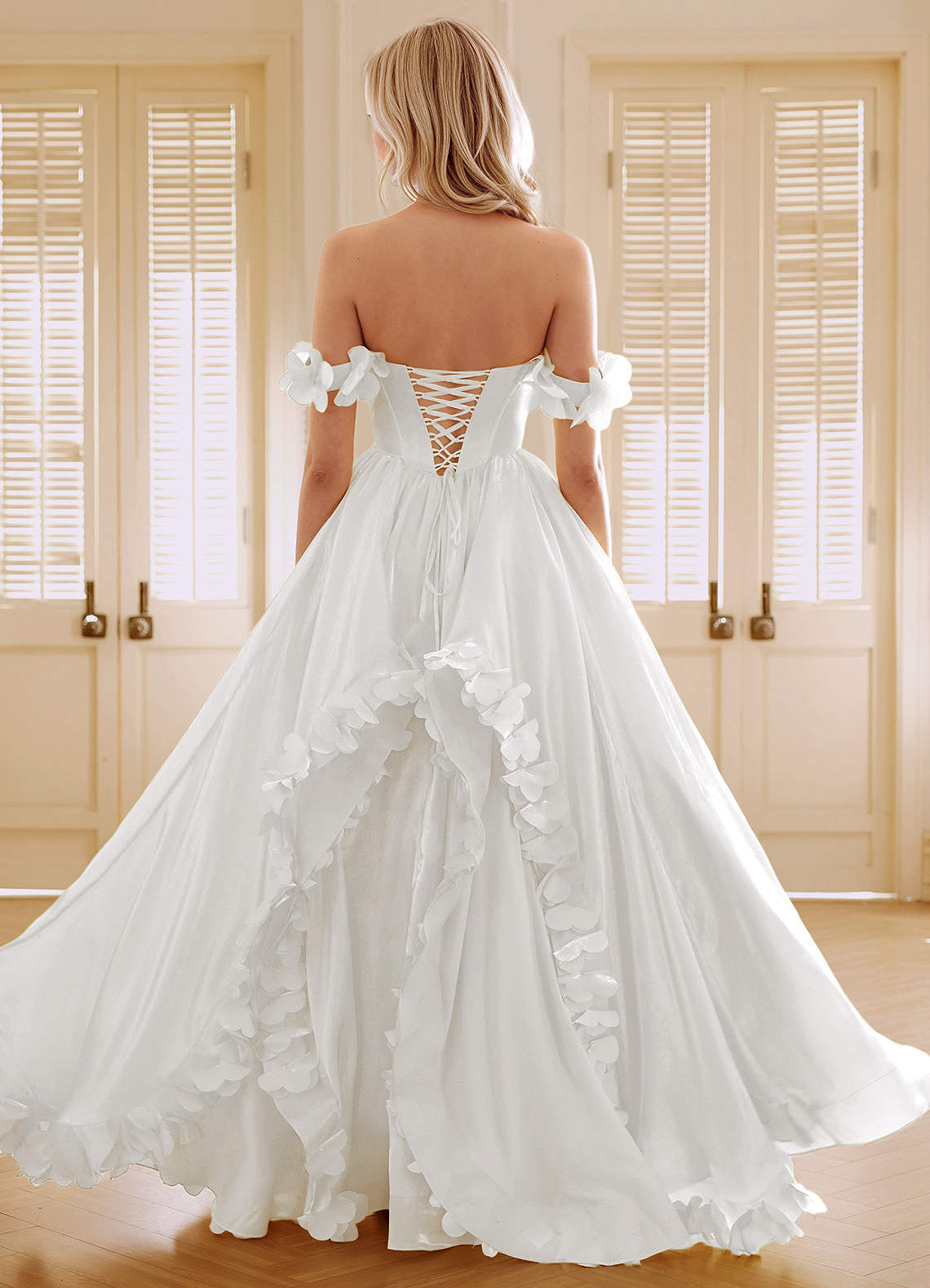 Elysia Ivory Corset Rhinestone Sheer Lace Prom Dress