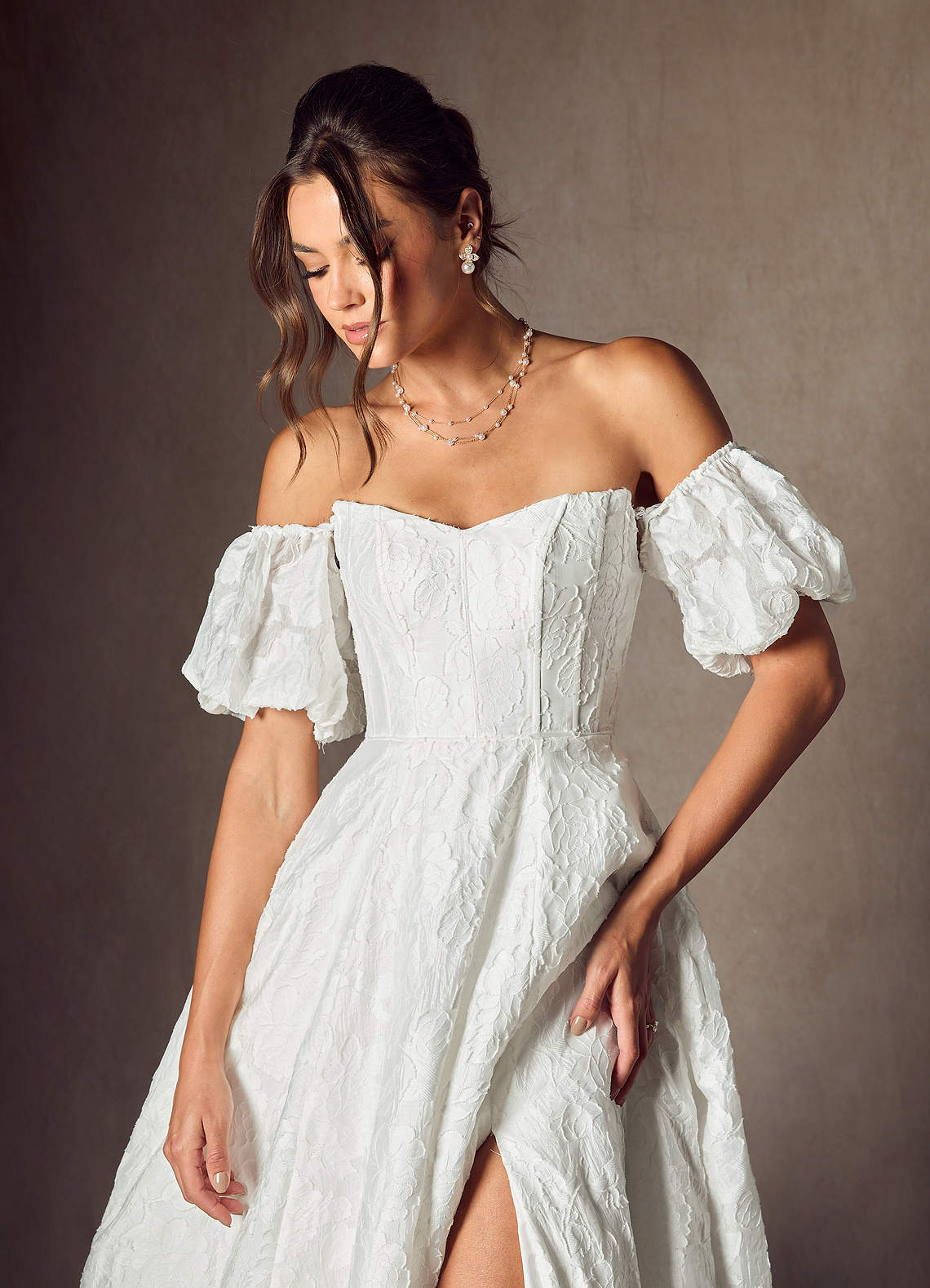 Diamond White Ball-Gown Sweetheart Neckline Floral Burnout Jacquard Dress