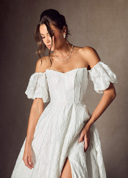 Diamond White Ball-Gown Sweetheart Neckline Floral Burnout Jacquard Dress