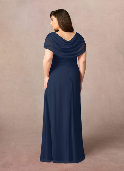 Dark Navy A-Line Side Slit Chiffon Dress