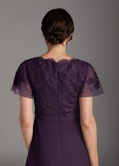 Plum A-Line V-Neck Lace Chiffon Dress