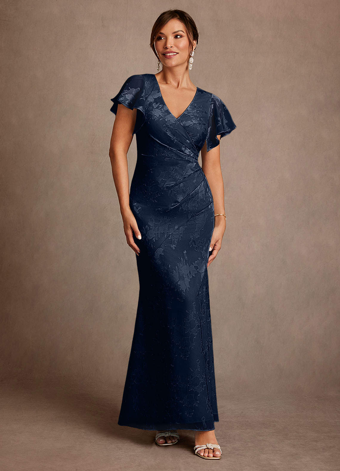 Dark Navy Sheath Pleated Floral Jacquard Dress