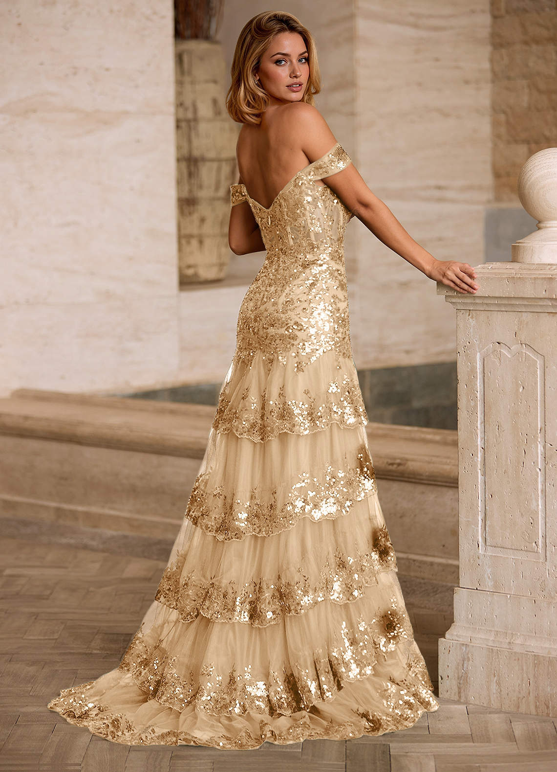 Jenna Champagne Ruffled Glitter Mermaid Prom Dress