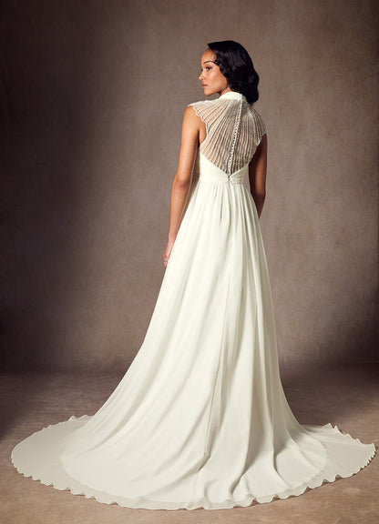 Cream A-Line Pleated Chiffon Dress