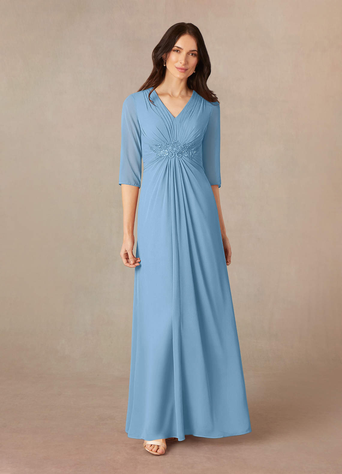 Steel Blue A-Line Sequins Chiffon Dress
