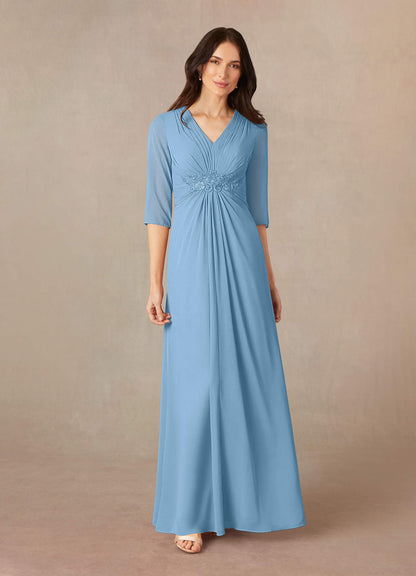 Steel Blue A-Line Sequins Chiffon Dress