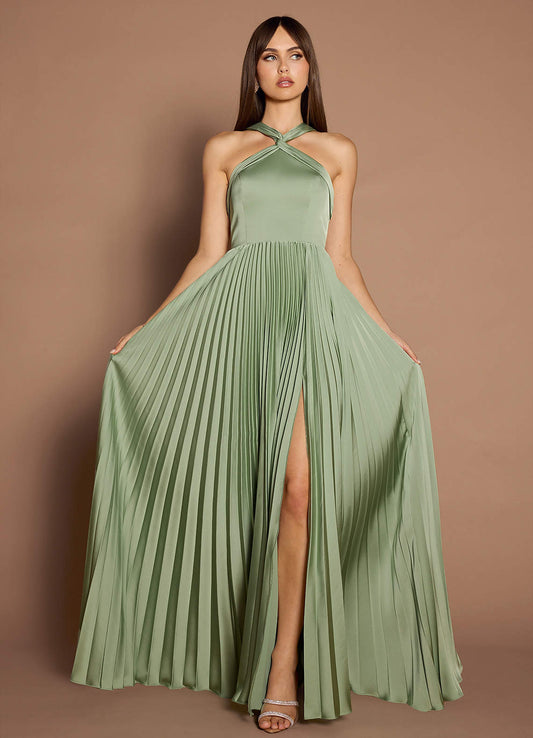 Afra Dusty Sage A-Line Pleated Stretch Satin Dress
