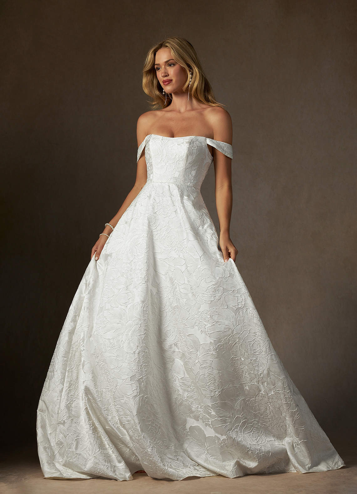 Antique White Ball-Gown Strapless Floral Jacquard Dress