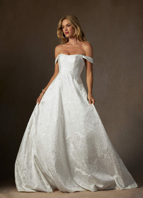 Antique White Ball-Gown Strapless Floral Jacquard Dress