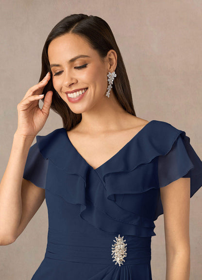 Dark Navy A-Line V-Neck Ruched Chiffon Dress