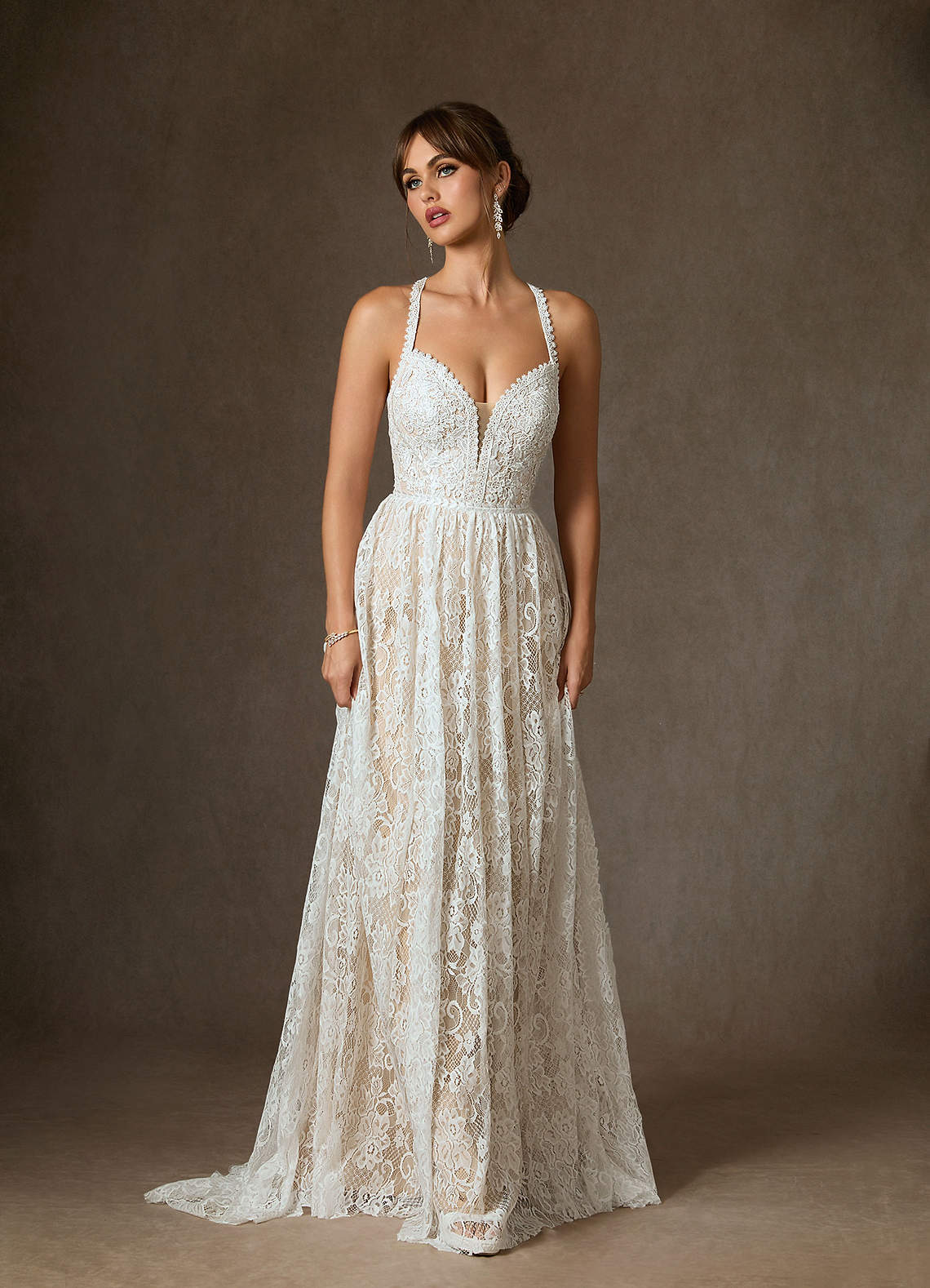 Diamond White Champagne A-Line Lace Dress