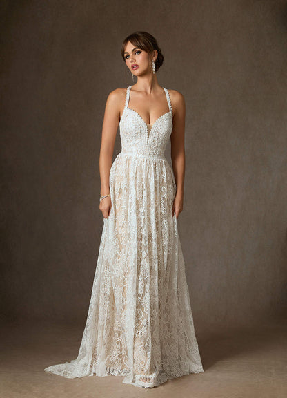 Diamond White Champagne A-Line Lace Dress