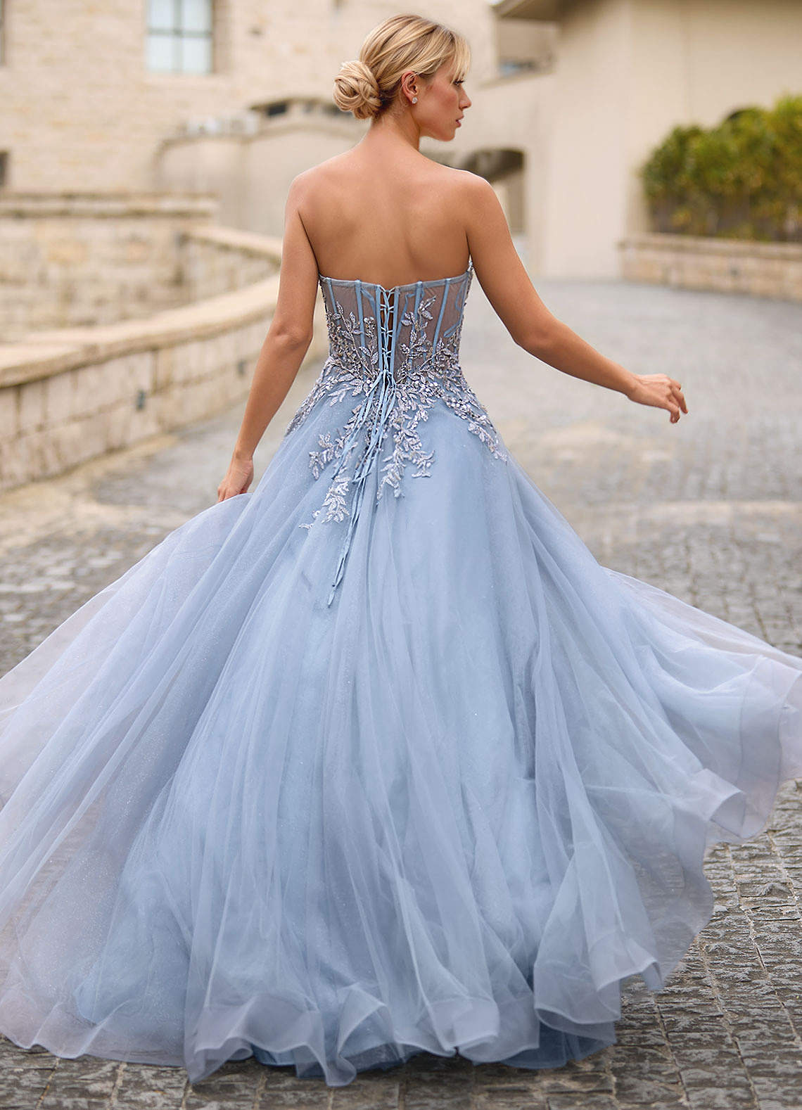 Celeste Dusty Blue Rhinestone Sheer Lace Prom Dress  Dress