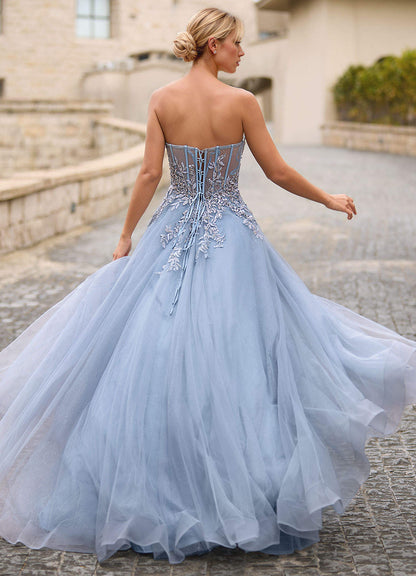 Celeste Dusty Blue Rhinestone Sheer Lace Prom Dress  Dress