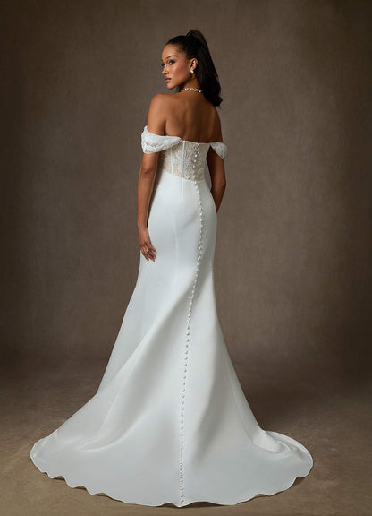 Diamond White Champagne Mermaid Off the Shoulder Satin Dress