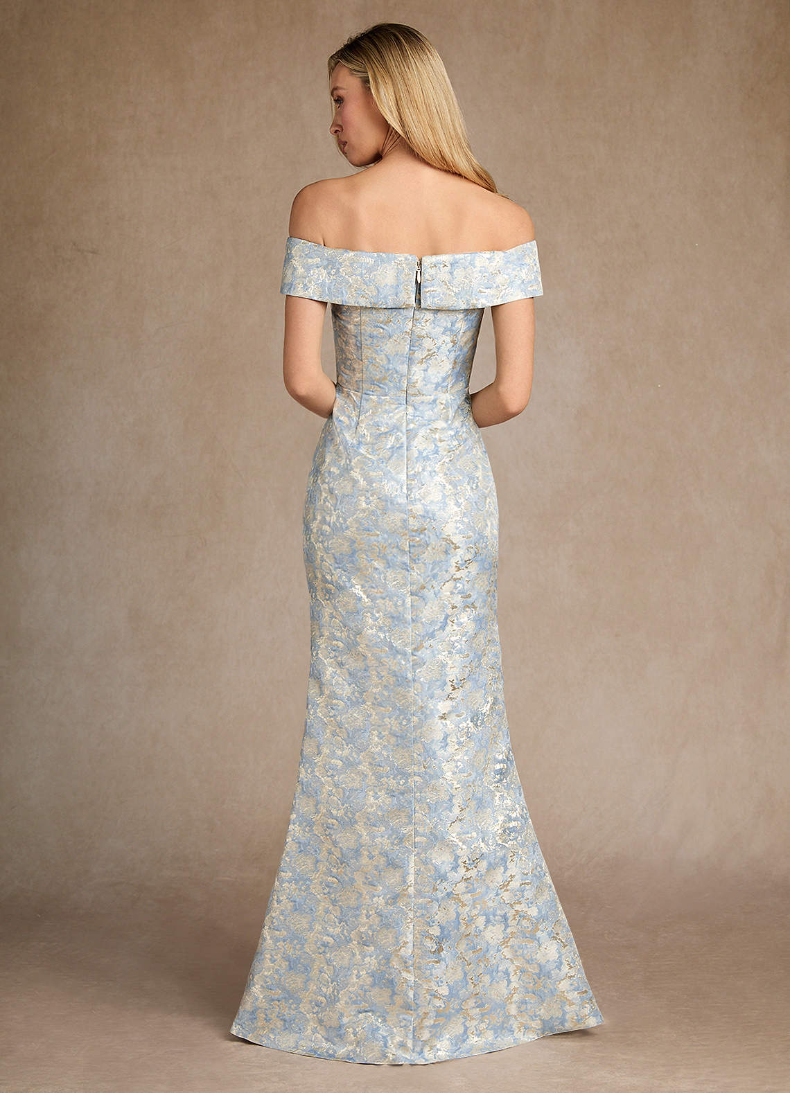 Dusty Blue Mermaid Off the Shoulder Jacquard Dress
