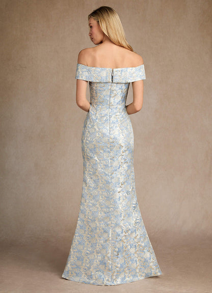 Dusty Blue Mermaid Off the Shoulder Jacquard Dress