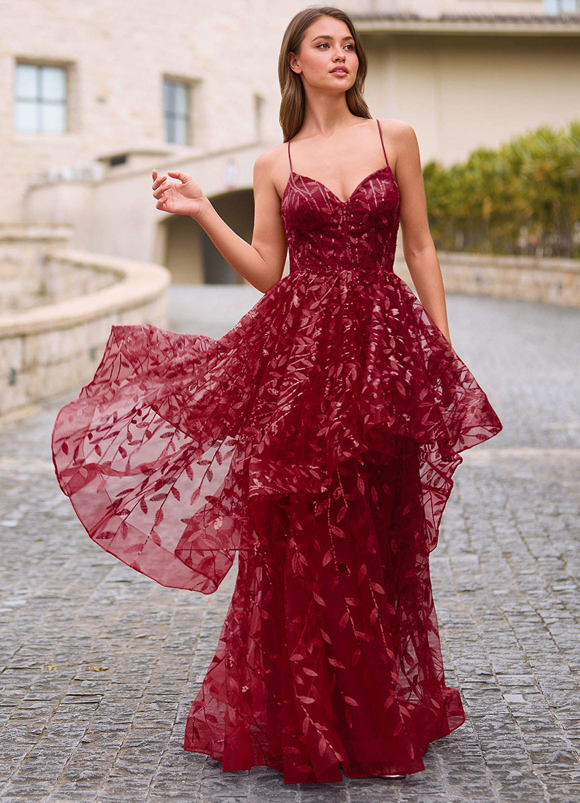 Valentina Burgundy Embroidered Jacquard Sheer Prom Dress  Dress