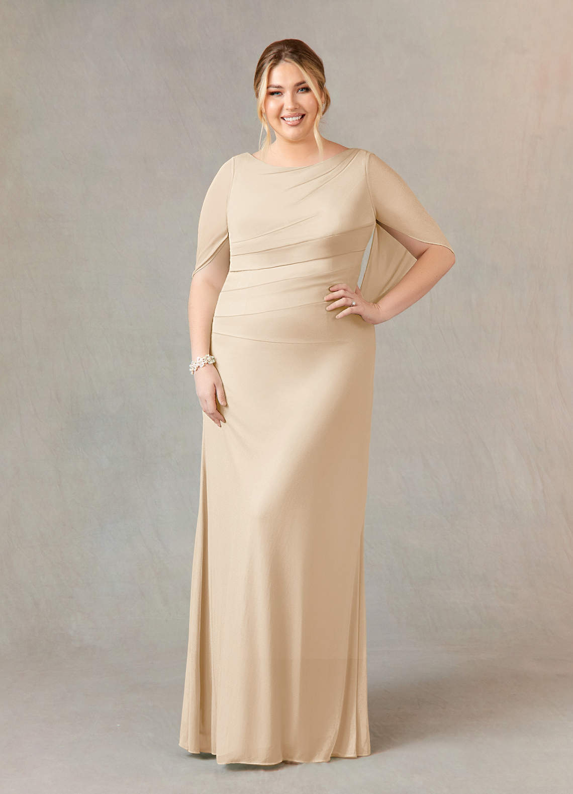Champagne Mermaid Scoop Pleated Mesh Dress