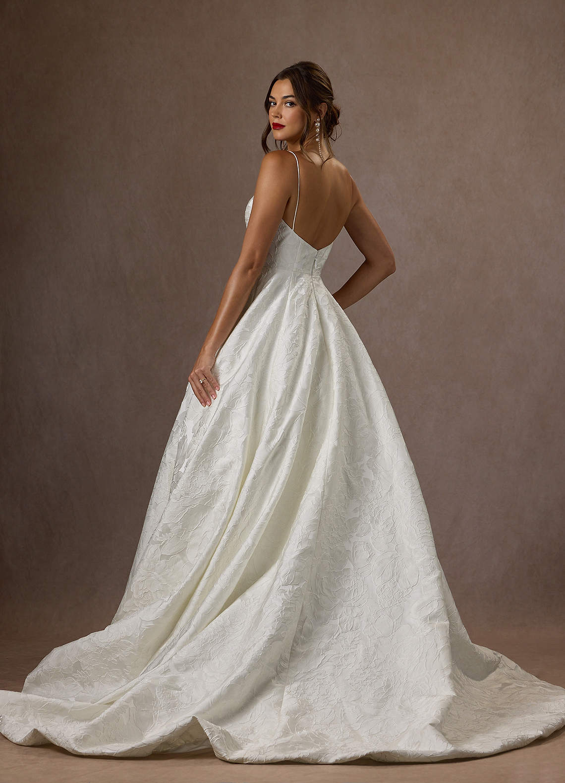 Antique White Ball-Gown with Pockets Floral Jacquard Dress