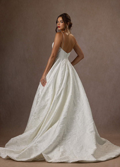 Antique White Ball-Gown with Pockets Floral Jacquard Dress