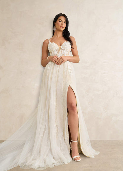 Diamond White Champagne Mermaid Sequins Lace Dress