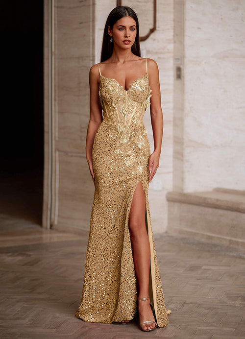 Velvetine Champagne Applique Sequin Prom Dress  Dress