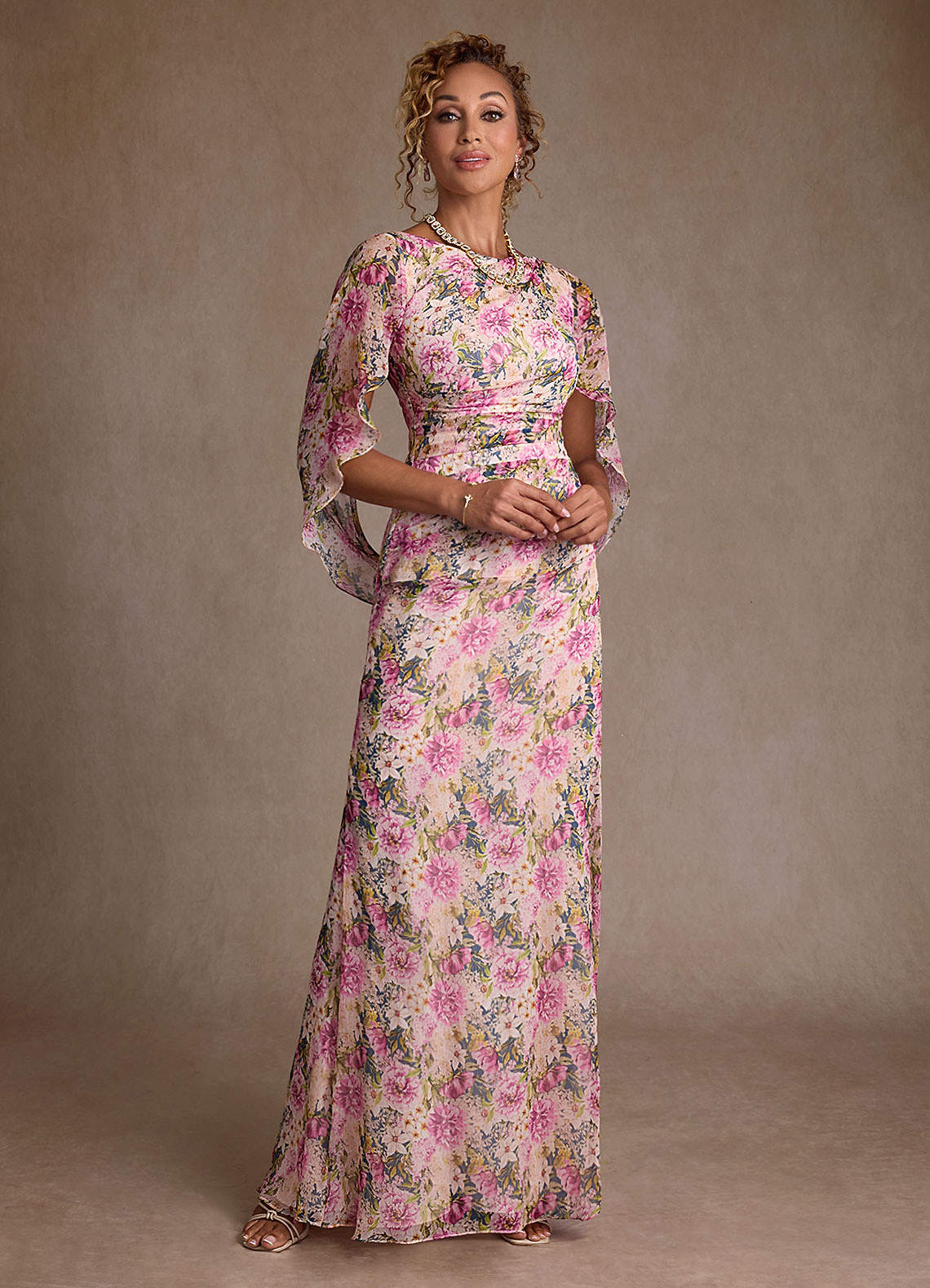 Lavender Floral Mermaid Pleated Chiffon Dress