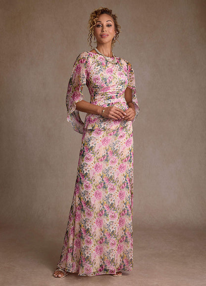 Lavender Floral Mermaid Pleated Chiffon Dress