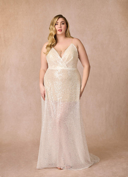Diamond White Champagne A-Line V-Neck Sequins Sequins Dress