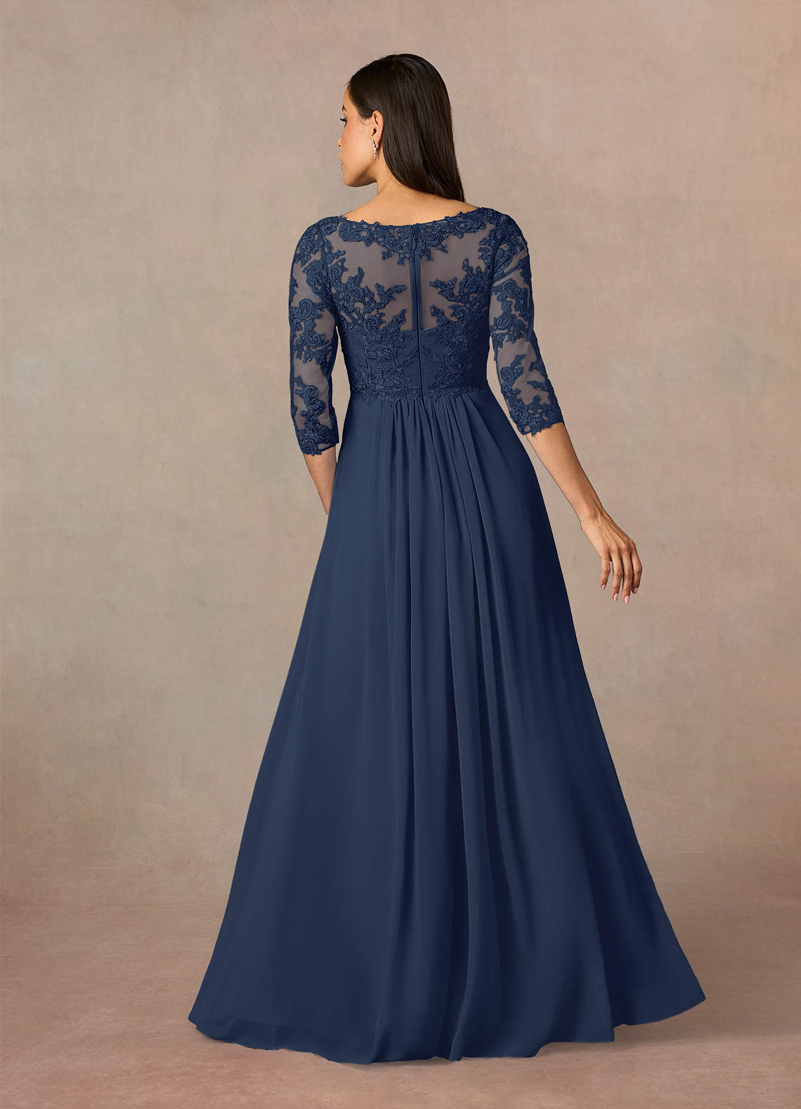 Dark Navy A-Line V-Neck Lace Chiffon Dress