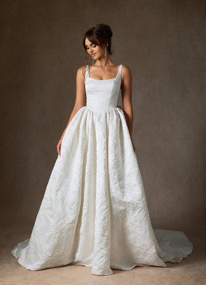 Diamond White Ball-Gown with Pockets Floral Jacquard Dress