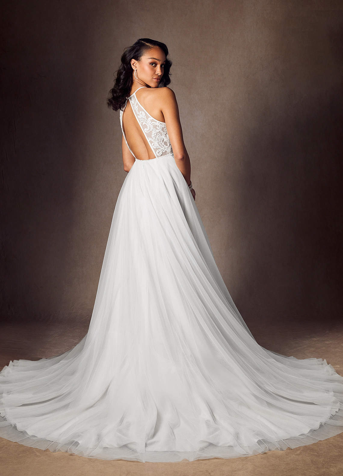 Diamond White A-Line Halter Sequins Tulle Dress