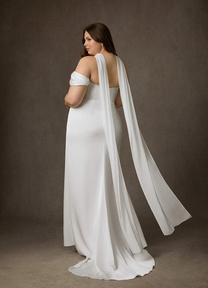 Diamond White Sheath Side Slit Stretch Satin Dress
