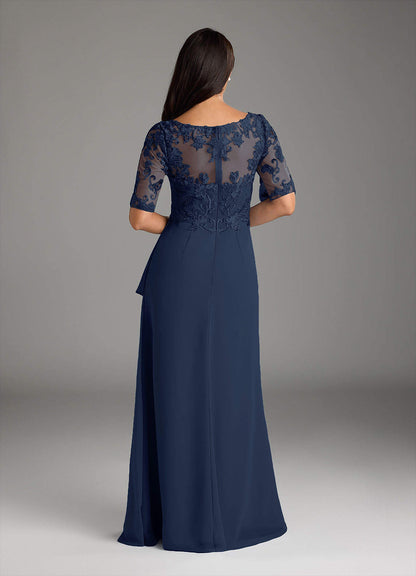 Dark Navy A-Line V-Neck Lace Chiffon Dress