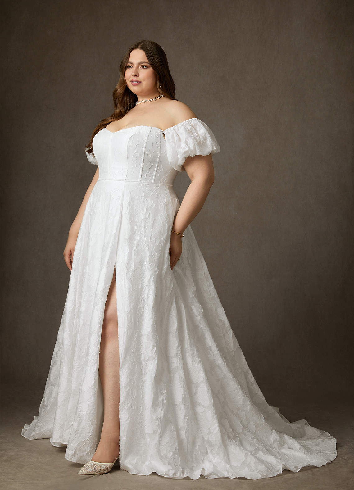 Diamond White Ball-Gown Sweetheart Neckline Floral Burnout Jacquard Dress