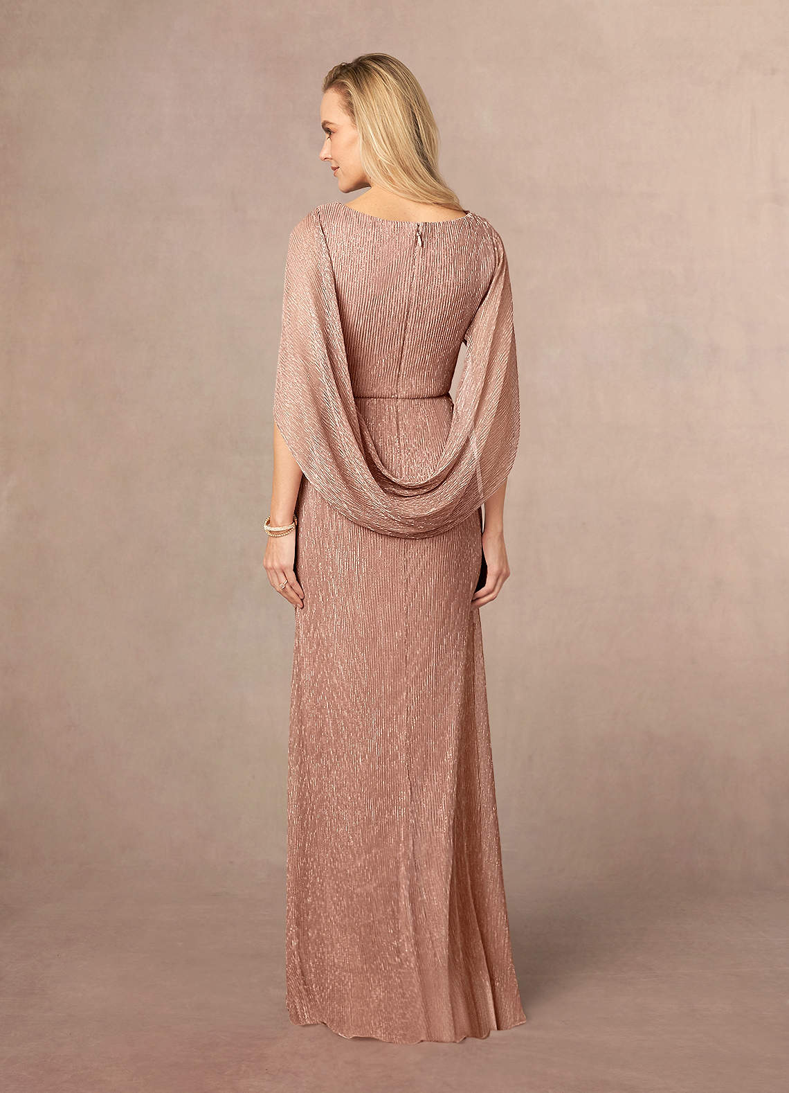 Rose Gold Sheath Pleated Cape Metallic Mesh Dress
