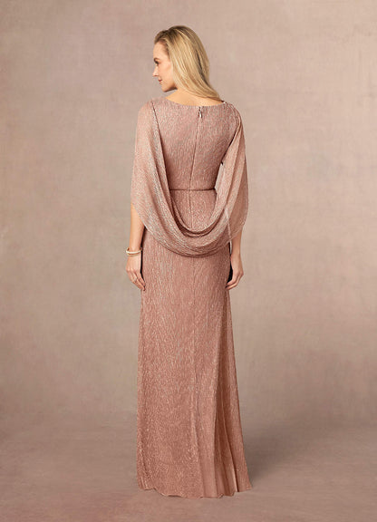Rose Gold Sheath Pleated Cape Metallic Mesh Dress