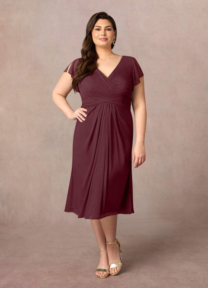 Cabernet A-Line V-Neck Pleated Mesh Dress